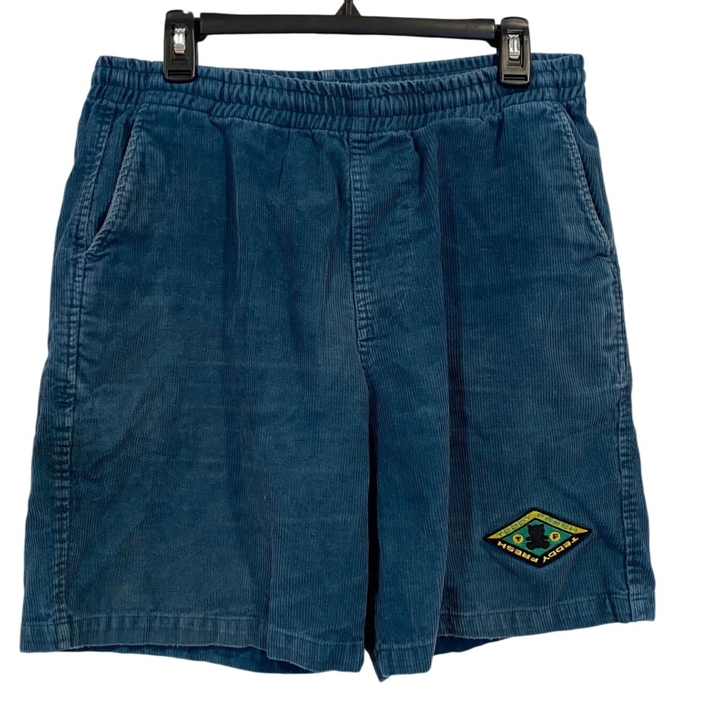 Teddy Fresh Corduroy Shorts Mens Medium Teal Blue Elastic‎ Waist Logo Patch